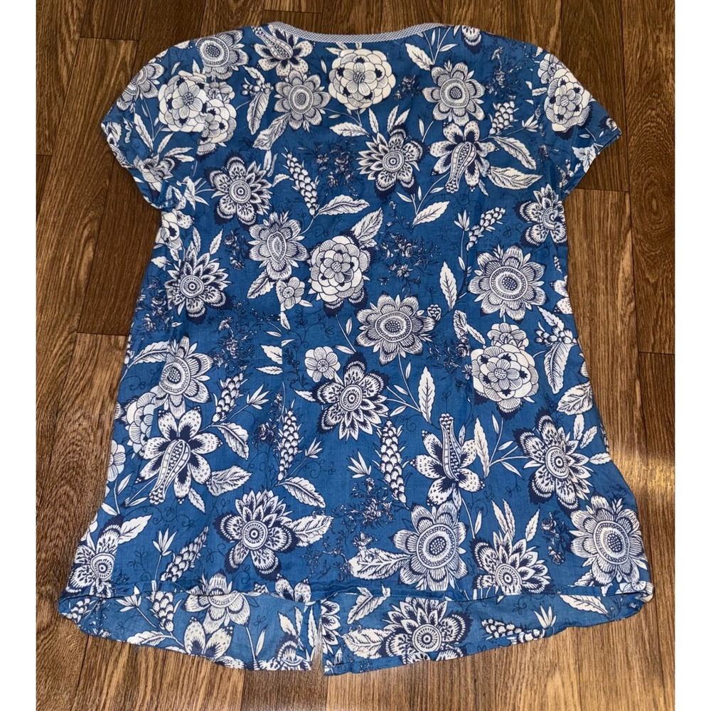 GH Bass Blue White Floral Cotton Blouse Short Sleeve Button Front Top Small - Picture 6 of 6